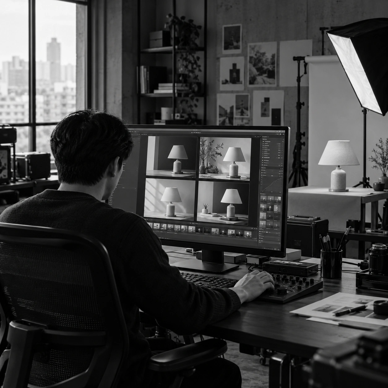 A creative producer reviewing campaign concept variations beside a practical product shoot, seen from behind in a black-and-white studio scene.